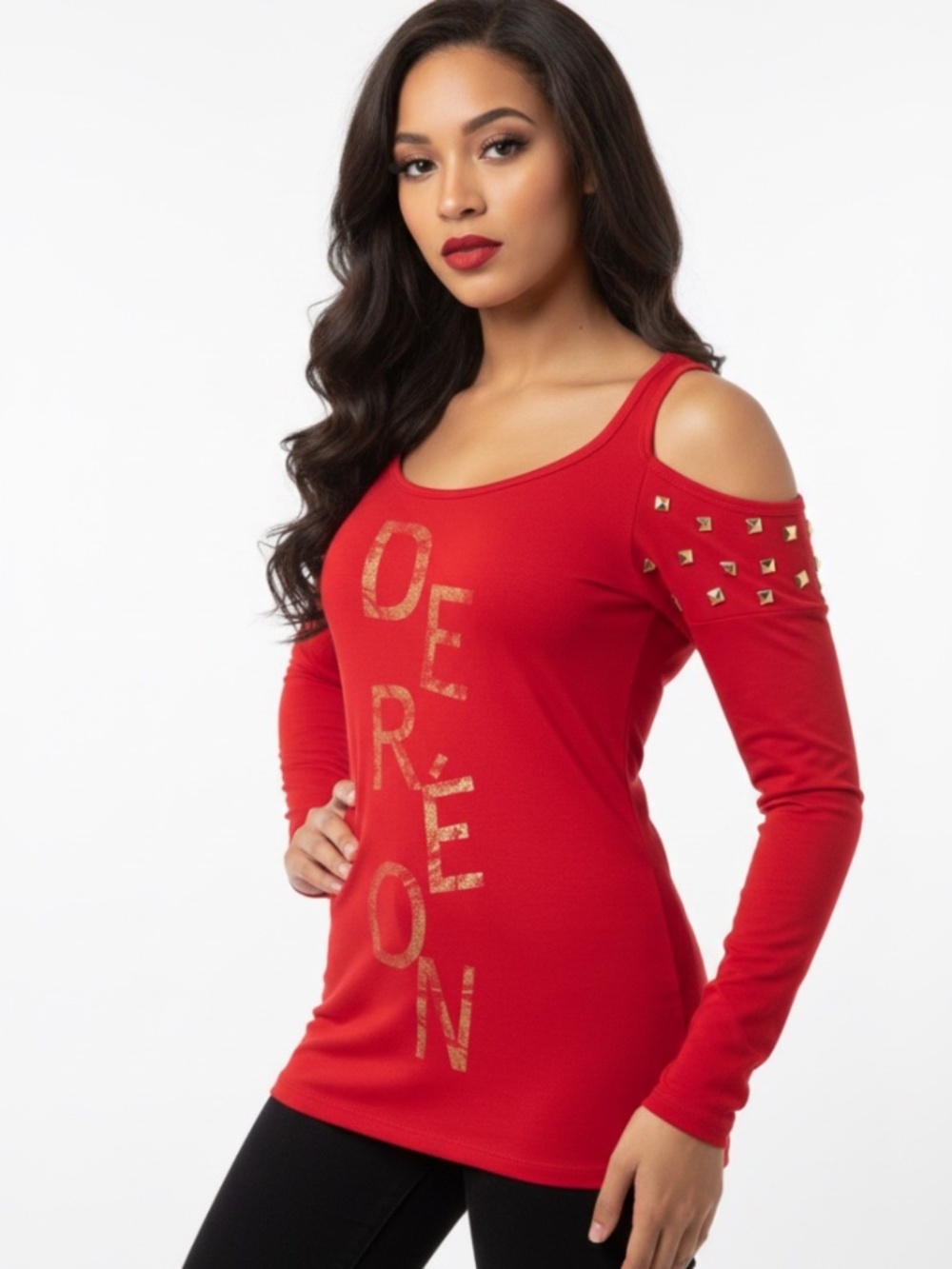 NEW RED Dereon Beyonce  Y2K Mesh Sleeve Cut out Stud shoulder long sleeve S